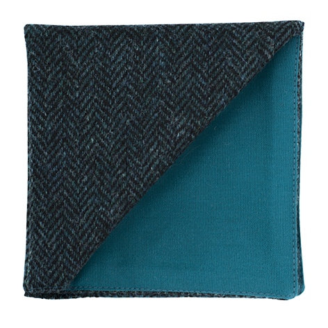 JAGGS_costume_sur_mesure_Belgique_waterloo_bruxelles_pochette_TWEED_Holland_and_Sherry_TURQUOISE_FONCE_CHEVRON_DUNDEE_dos_vert_c