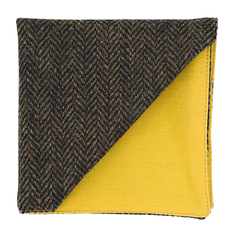 JAGGS_costume_sur_mesure_Belgique_waterloo_bruxelles_pochette_TWEED_Holland_and_Sherry_MARRON_ET_ORANGE_CHEVRON_DUNDEE_dos_jaune