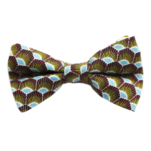 Nœud papillon motif japonais plumes de paon jaune rouge