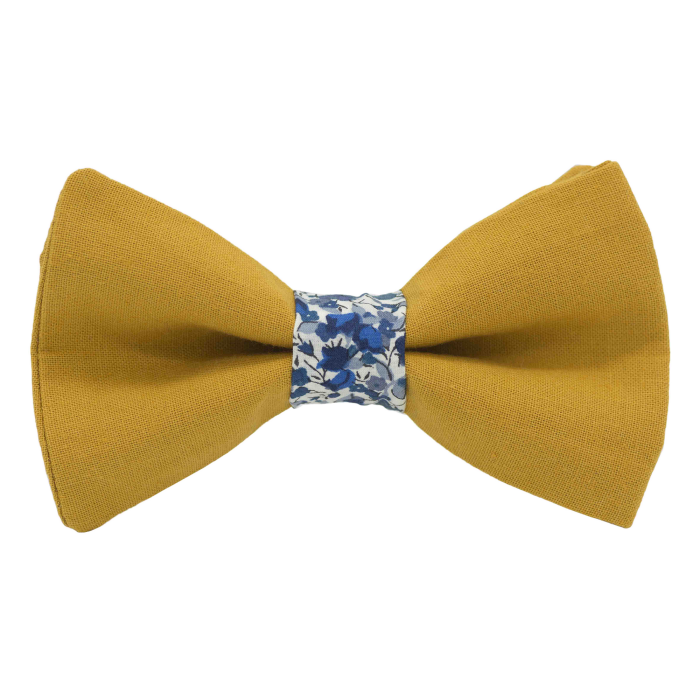 Nœud papillon jaune moutarde uni - bague liberty emma and georgina bleu