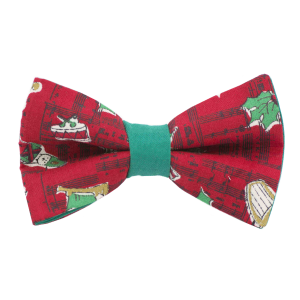 Nœud papillon "Christmas Song" - notes de musique, tambour et houx sur fond rouge