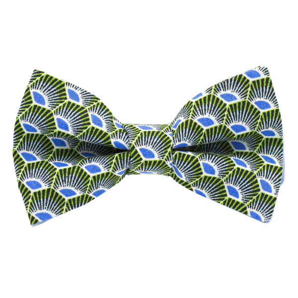 Nœud papillon motif japonais plume de paon vert bleu