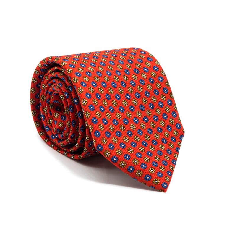 Cravate rouge à motif bleu et jaune en soie roulée Harrisson