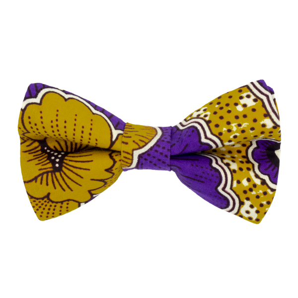 Nœud papillon motif africain mauve et jaune moutarde en wax