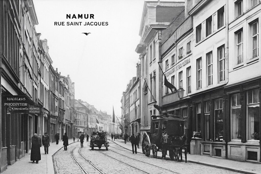 Photographie ancienne en noir et blanc de la Rue Saint-Jacques à Namur, illustrant l’héritage urbain du centre historique où s’installe JAGGS